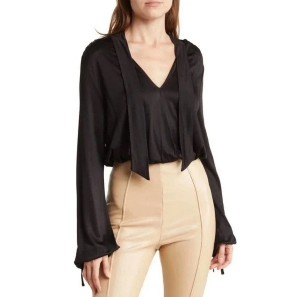 All Saints black Penelope tie neck bodysuit US 6